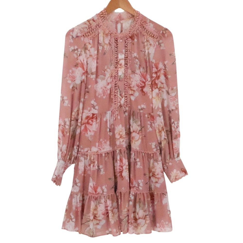 Chicwish Floral Tiered Mini Dress Womens Size XS Pink Boho Cottage Romantic